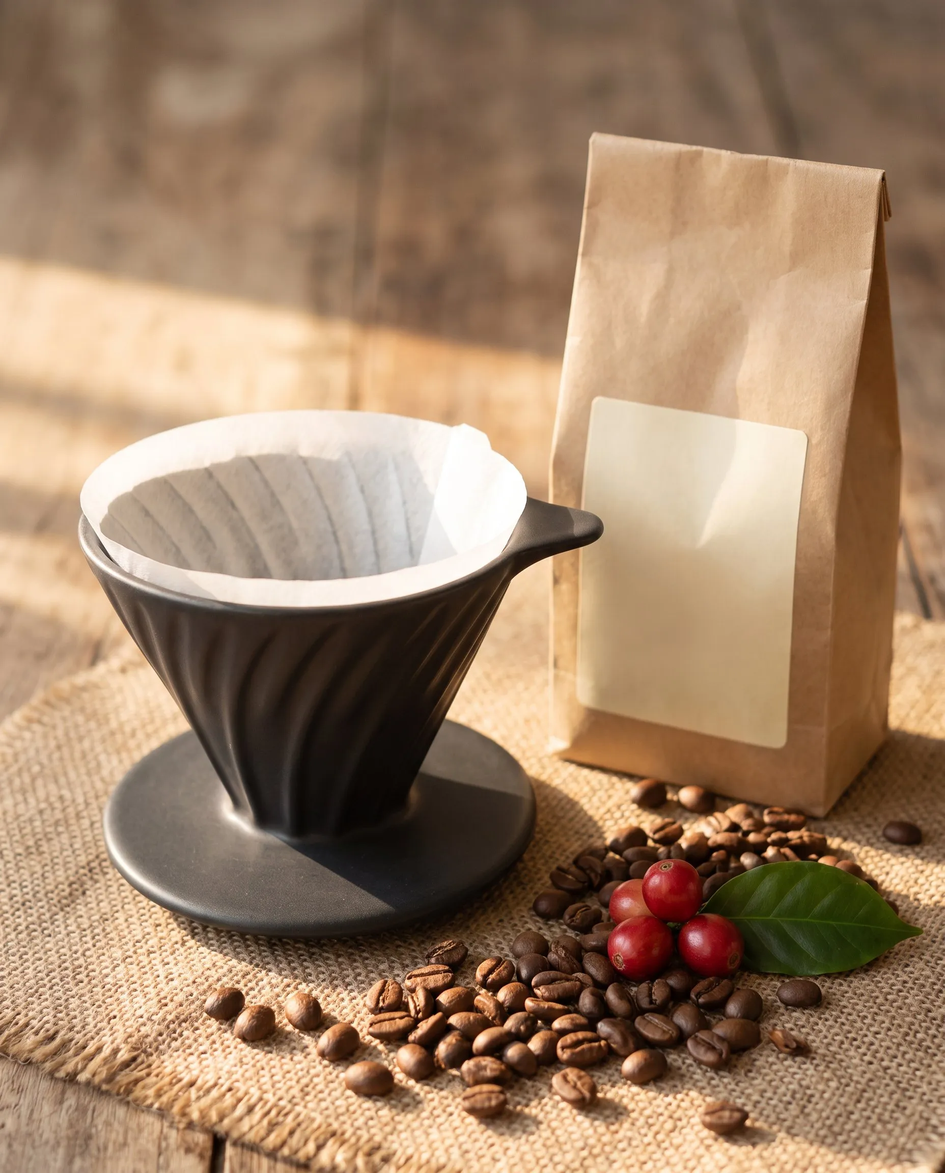 Kantong biji kopi Bloom di atas goni dengan biji berserakan